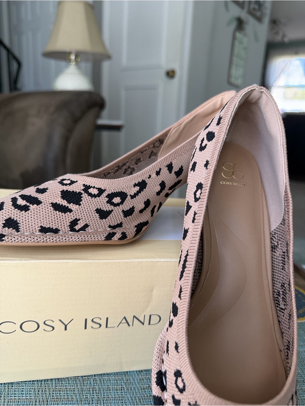 Cozy Island Leopard Knit Square-Toe Kitten Heels